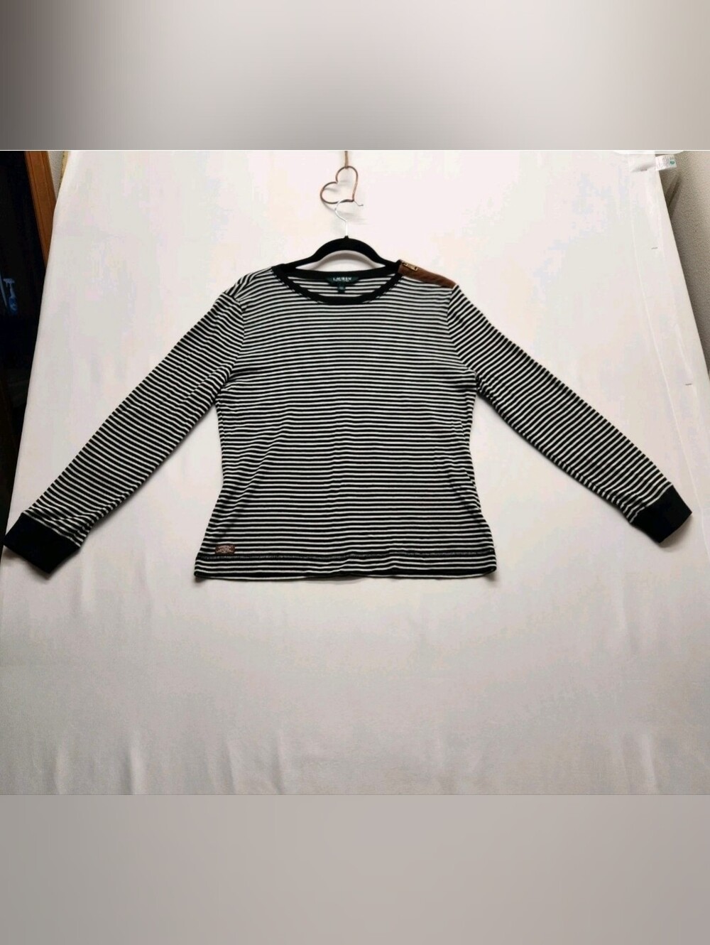 ⭐️Lauren Ralph Lauren Black White Striped Long Sleeve Top Faux Suede Elbow XL